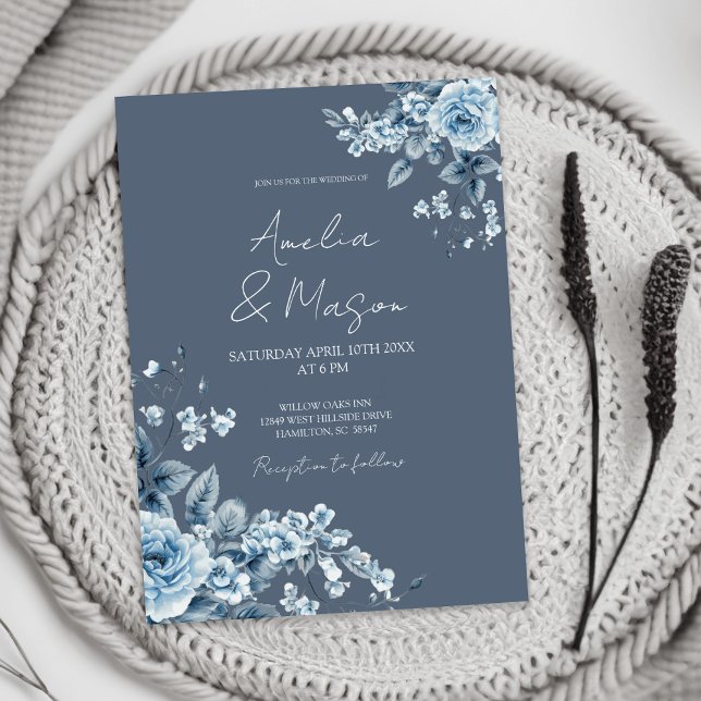 Invitation Mariage élégant à l'écriture script florale bleu p (Dusty Blue Floral Elegant Script Wedding Invitation)