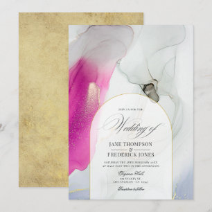 Invitation Mariage Élégant à l'Encre Alcoolique Rose, Grise e