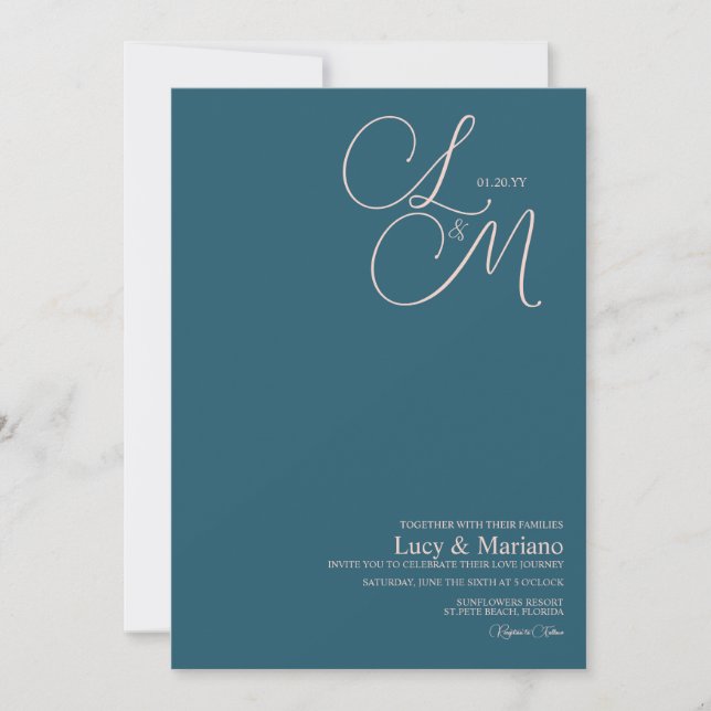 Invitation Mariage élégant à l'encre bleue et rose avec monog (Devant)