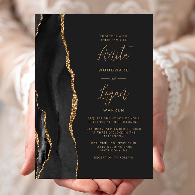 Invitation Mariage élégant à l'encre dorée sur Agate noire (Créateur téléchargé)