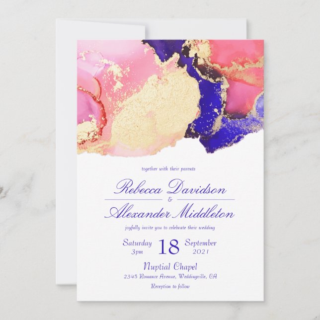 Invitation Mariage élégant à l'encre lavée or rose et violet (Devant)