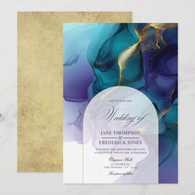 Invitation Mariage élégant à l'encre pourpre, bleue et dorée (Devant / Derrière)