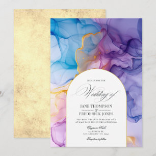 Invitation Mariage élégant à l'encre rose, bleue et dorée