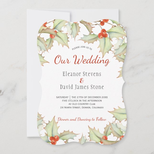Invitation Mariage élégant à l'hiver rouge et vert Holly berr (Devant)