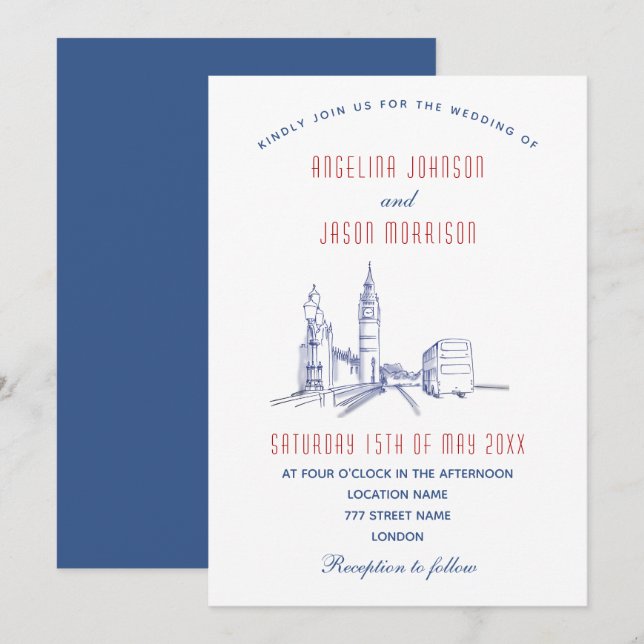 Invitation Mariage élégant à Londres (Devant / Derrière)