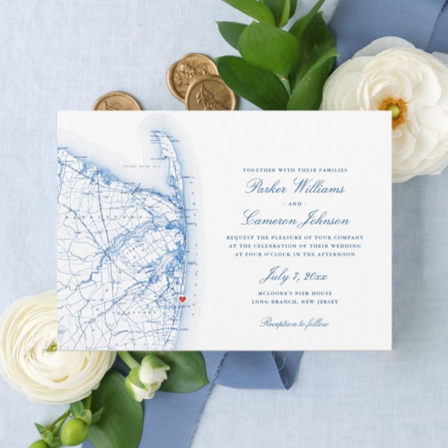 Invitation Mariage élégant à Long Branch New Jersey (Elegant Long Branch New Jersey Wedding Invitation with Navy Blue map by Coastal Map Designs)