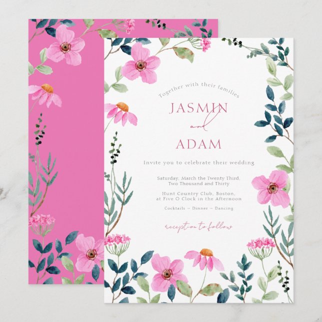 Invitation Mariage Élégant à Monogramme Botanique de Fleur Sa (Devant / Derrière)