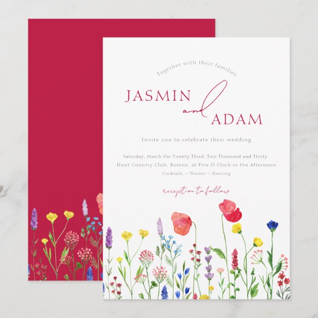 Invitation Mariage élégant à monogramme de fleur sauvage roug (Devant / Derrière)