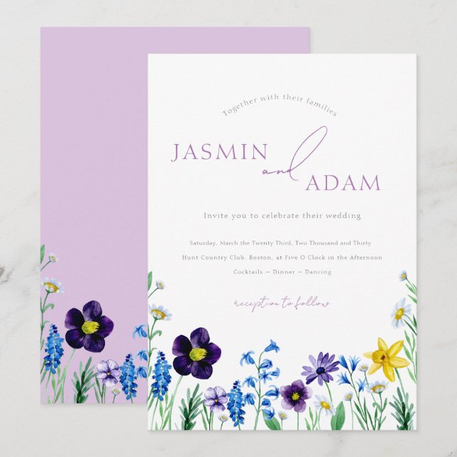 Invitation Mariage élégant à monogramme de fleurs sauvages bl (Devant / Derrière)