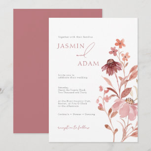 Invitation Mariage Élégant à Monogramme Floral Rose Poussiére