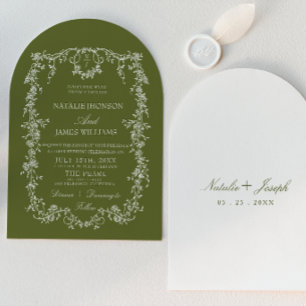 Invitation Mariage Élégant à Monogramme Floral Vert Olive