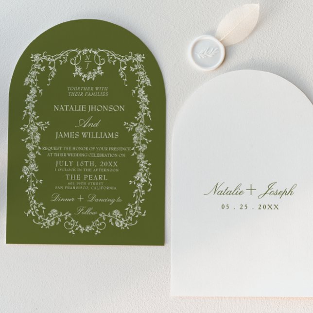 Invitation Mariage Élégant à Monogramme Floral Vert Olive (Créateur téléchargé)