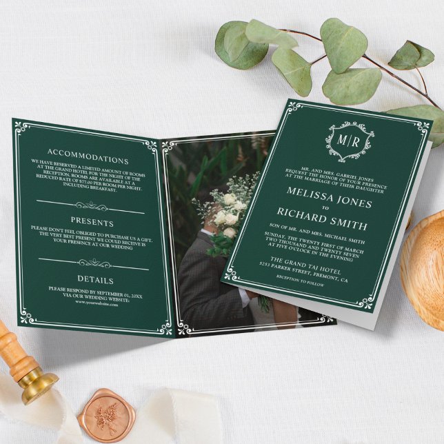 Invitation Mariage élégant à monogramme vert émeraude et blan (Créateur téléchargé)