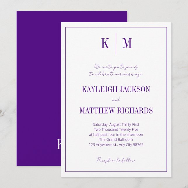 Invitation Mariage élégant à monogramme violet  (Devant / Derrière)
