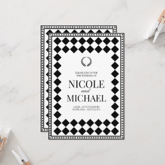 Invitation Mariage Élégant à Motif Diamant Noir & Blanc