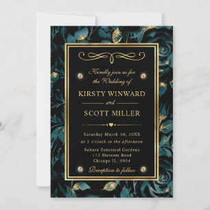 Invitation Mariage élégant à motif floral de rose sarcelle et