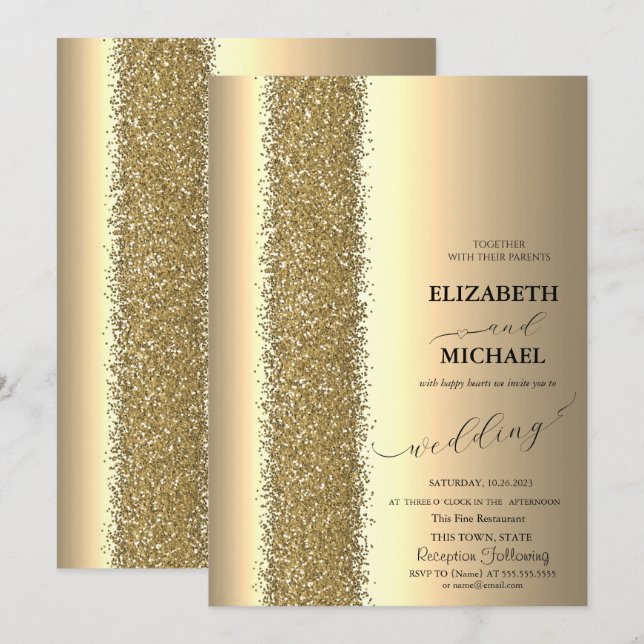 Invitation Mariage élégant à paillettes dorées (Devant / Derrière)