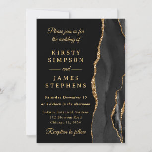 Invitation Mariage élégant à paillettes noires et or Agate