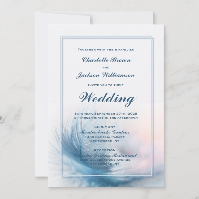 Invitation Mariage Élégant à Plume Bleue (Devant)