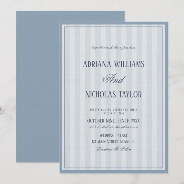 Invitation Mariage élégant à rayures bleu poussiéreux (Devant / Derrière)