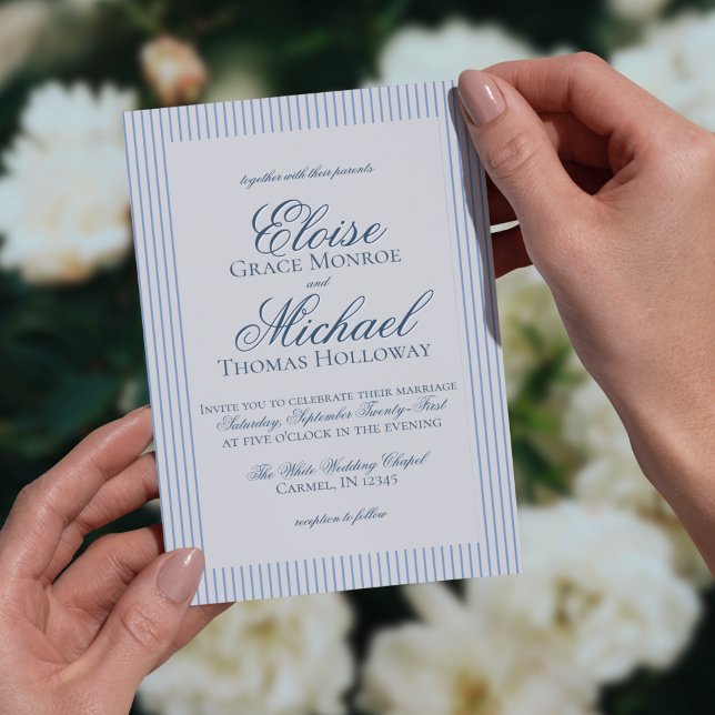 Invitation Mariage élégant à rayures bleues avec écriture Old (Formally invite guests to your big day with this Elegant Old Money Script Thin Stripe Card!)