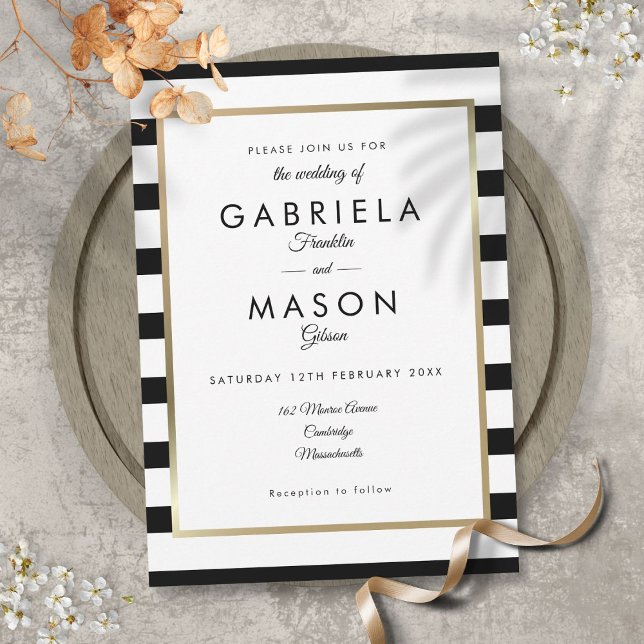 Invitation Mariage élégant à rayures noires et blanches avec  (Créateur téléchargé)