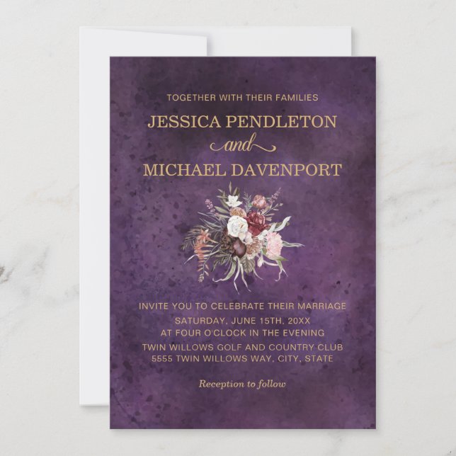 Invitation Mariage Élégant Abricot Pourpre Rose Crème (Devant)