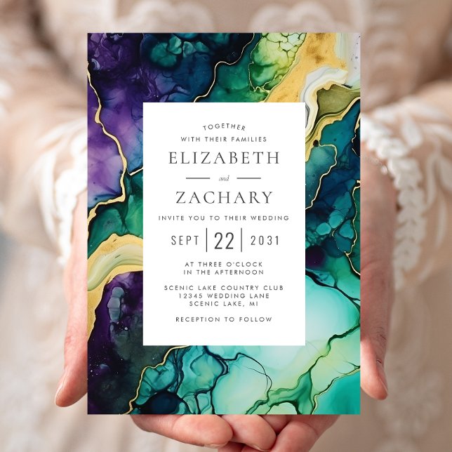 Invitation Mariage élégant abstrait prune vert or (Créateur téléchargé)