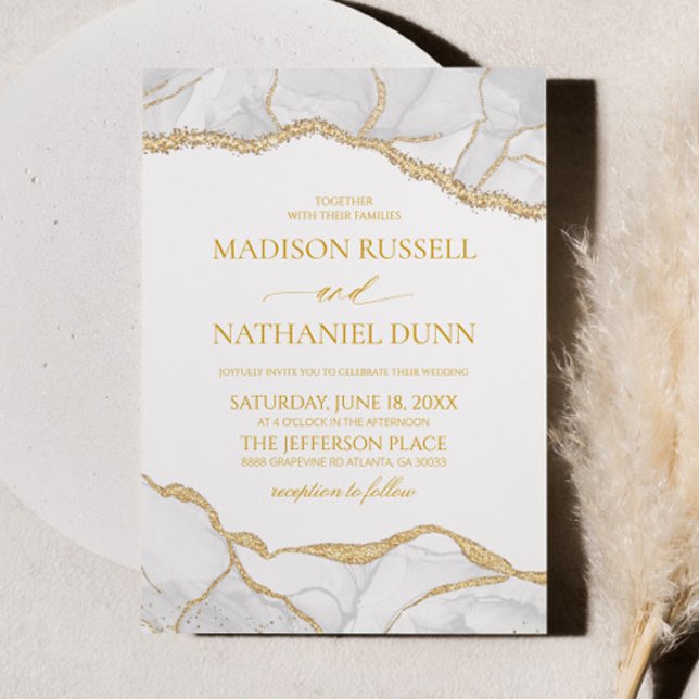 Invitation Mariage Élégant Agate Blanc Or (Créateur téléchargé)