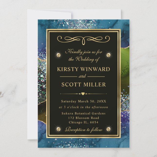 Invitation Mariage élégant agate bleue, verte et dorée paille (Devant)
