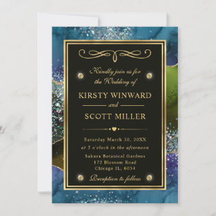 Invitation Mariage élégant agate bleue, verte et dorée paille