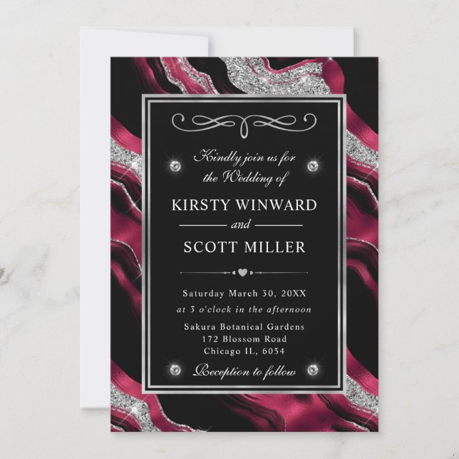 Invitation Mariage élégant agate feuille d'argent et paillett (Devant)