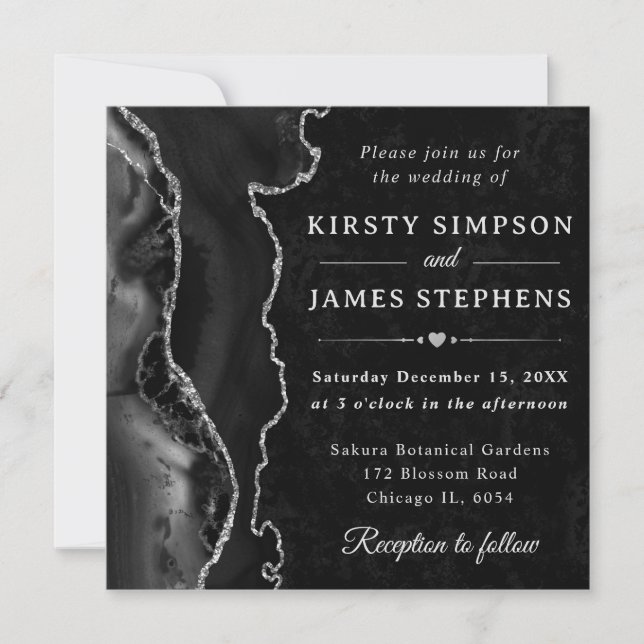 Invitation Mariage Élégant Agate Noir Paillettes Argent (Devant)