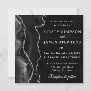 Invitation Mariage Élégant Agate Noir Paillettes Argent