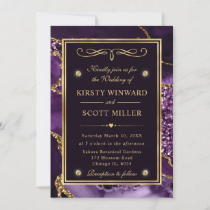 Invitation Mariage Élégant Agate Océan Paillettes Violet et O