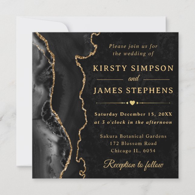 Invitation Mariage Élégant Agate Pailleté Noir Or (Devant)