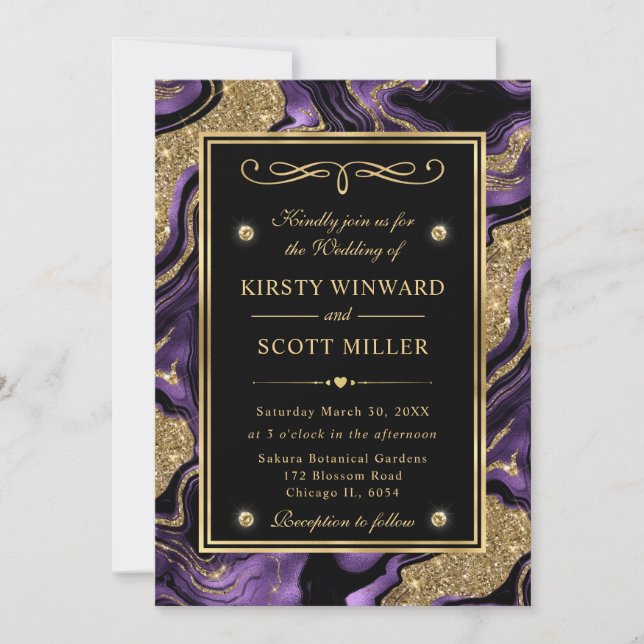 Invitation Mariage élégant agate paillettes violet et or (Devant)