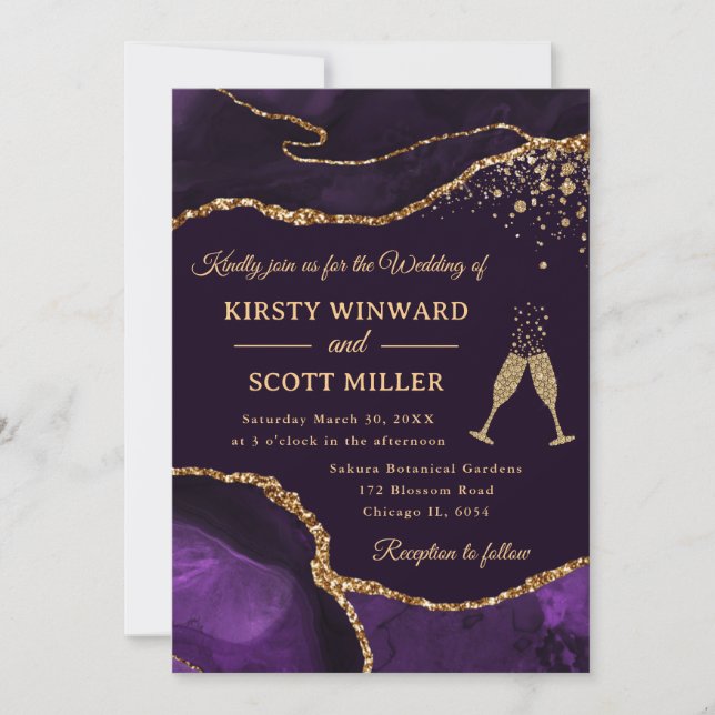 Invitation Mariage élégant agate paillettes violet et or (Devant)