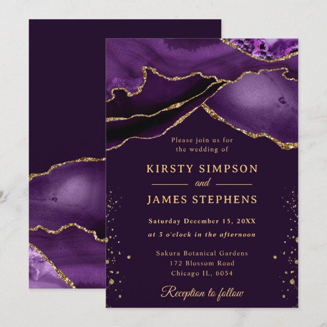 Invitation Mariage élégant agate paillettes violettes et or (Devant / Derrière)
