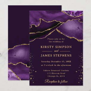 Invitation Mariage élégant agate paillettes violettes et or