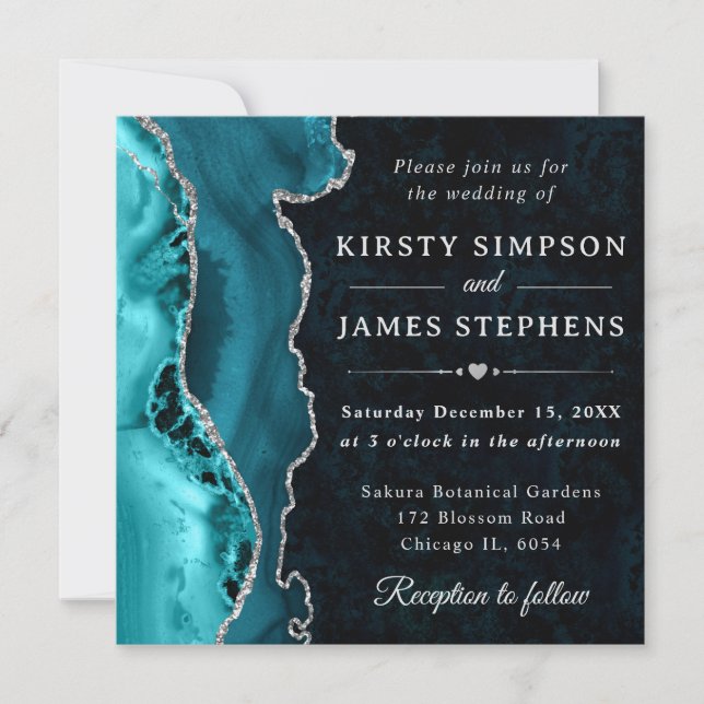Invitation Mariage Élégant Agate Sarcelle et Paillettes d'Arg (Devant)