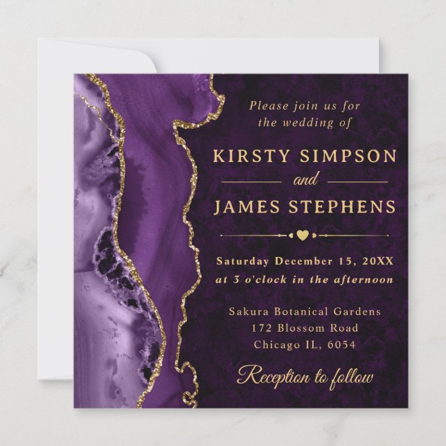 Invitation Mariage élégant agate violet or paillettes (Devant)