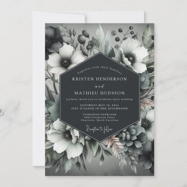 Invitation Mariage Élégant Anémone Charbon (Devant)