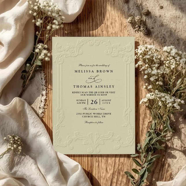 Invitation Mariage élégant antique avec code QR en relief orn (Créateur téléchargé)