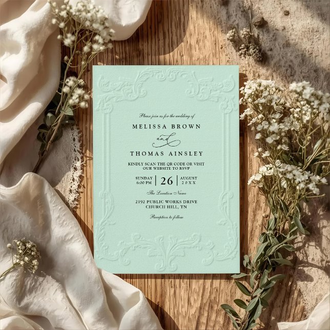 Invitation Mariage élégant antique avec code QR en relief orn (Créateur téléchargé)