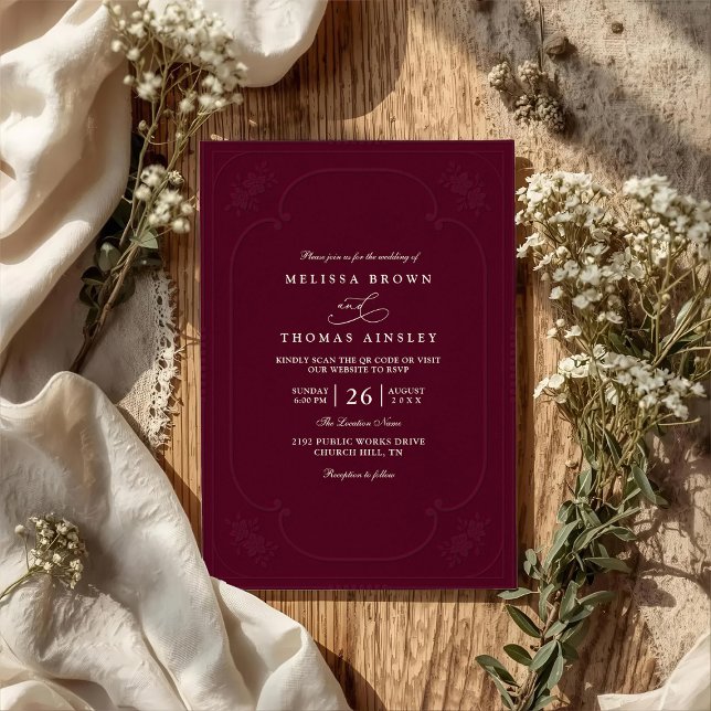 Invitation Mariage élégant antique avec code QR en relief orn (Créateur téléchargé)