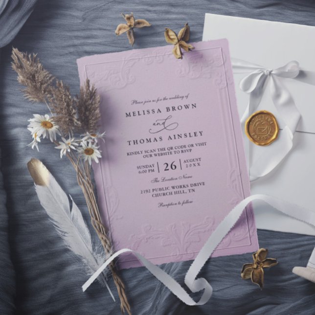 Invitation Mariage élégant antique avec code QR en relief orn (Créateur téléchargé)