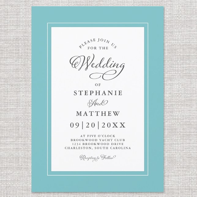 Invitation Mariage Élégant Aqua et Blanc Calligraphie Moderne (Créateur téléchargé)
