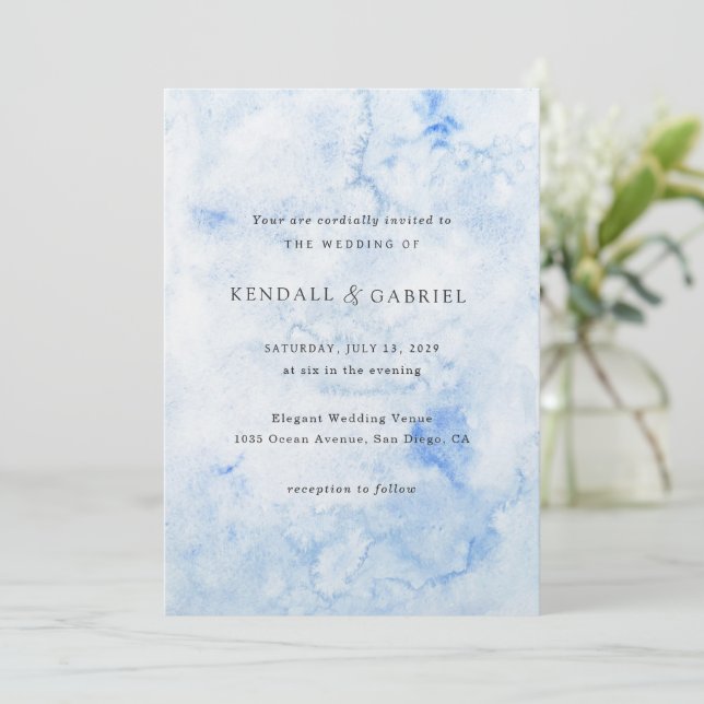 Invitation Mariage élégant aquarelle bleue moderne (Debout devant)