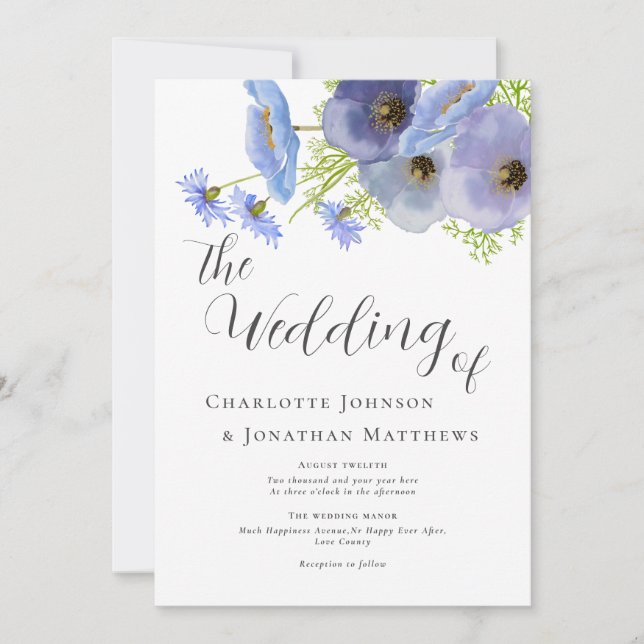 Invitation Mariage Élégant Aquarelle Bohème Floral Bleu (Devant)